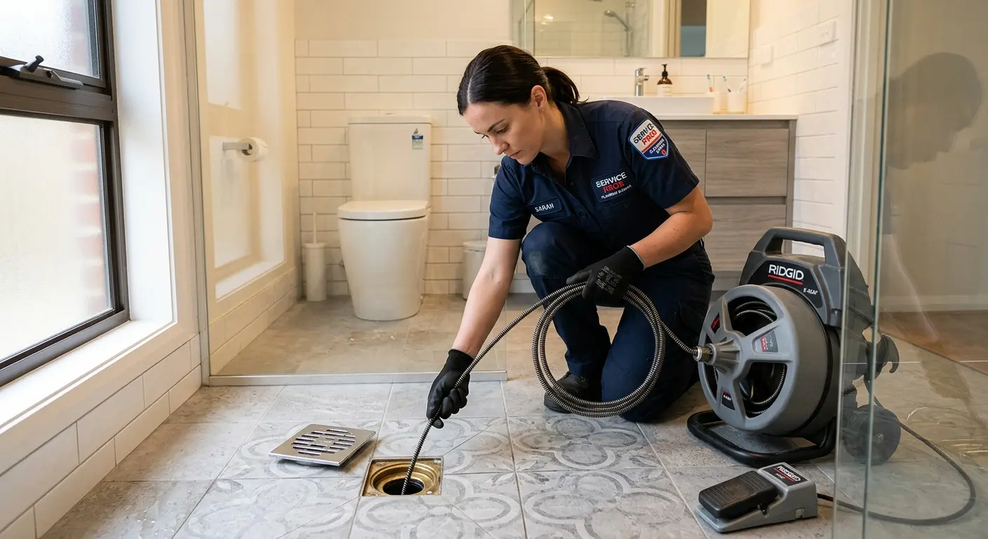 Technician clearing a bathroom floor drain for Clogged Drain Repair in Beaverton